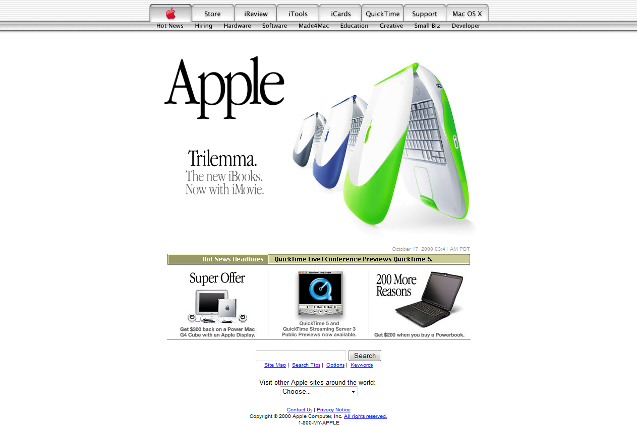 Apple Website 2000, com a laptops no centro design minimalista com pouco texto