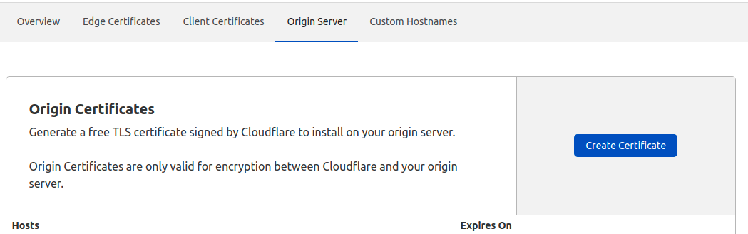 Menu Origin Server listando todos os cerificados criados e a opção Create Certificate