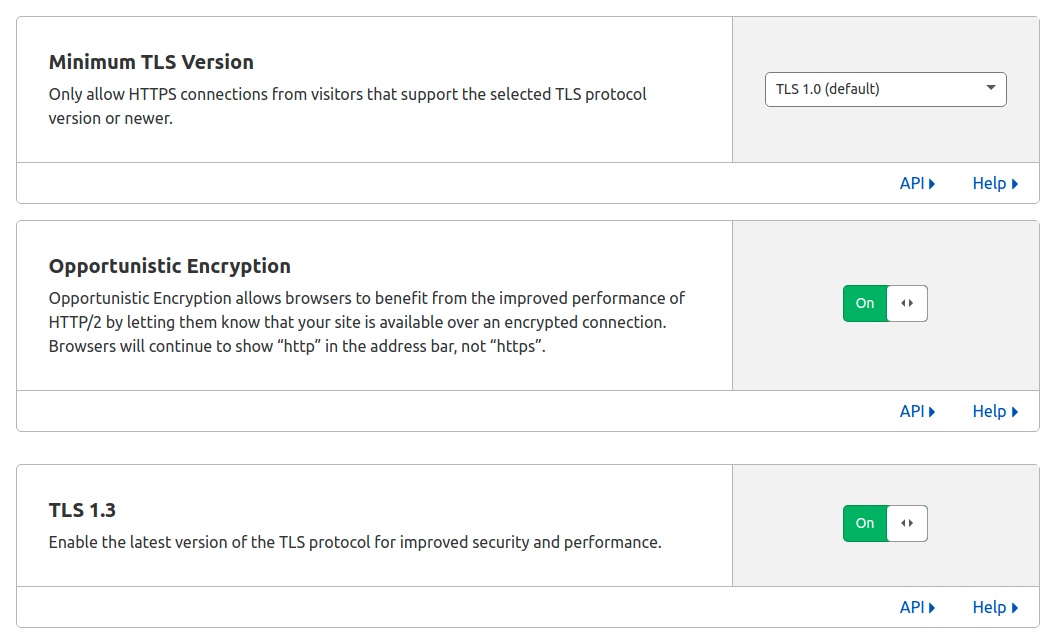 Opções Minimum TLS Version selecionada na opção TLS 1.0 e opções Opportunistic Encryption e TLS 1.3 com opções de ativar.