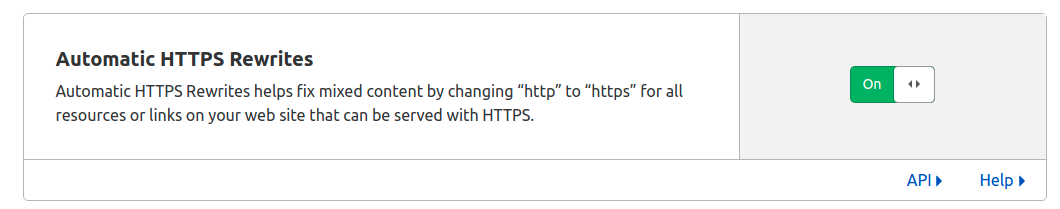 Opção Automatic HTTPS Rewrites com botão para ativar.