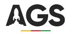 Logo da AGS, apoiadora do CriaSummit, é composto por letras em preto e por um foguete espacial dentro, de uma das letras.
