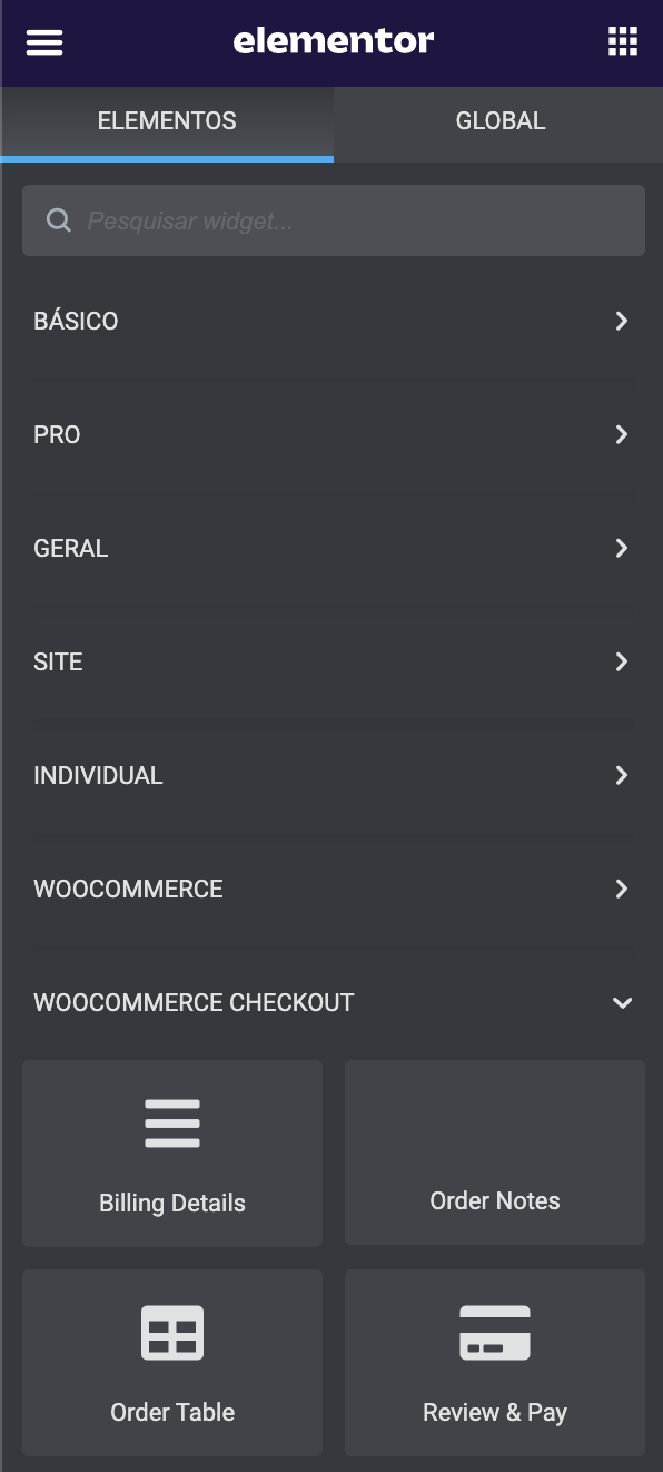 painel do elementor mostrando opções de edição da página de checkout checkout