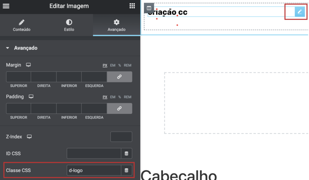 demonstração de editor da imagem no elementor para adicionar a classe css do logo