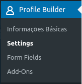 Opção Settings na seção do plugin Profile Builder