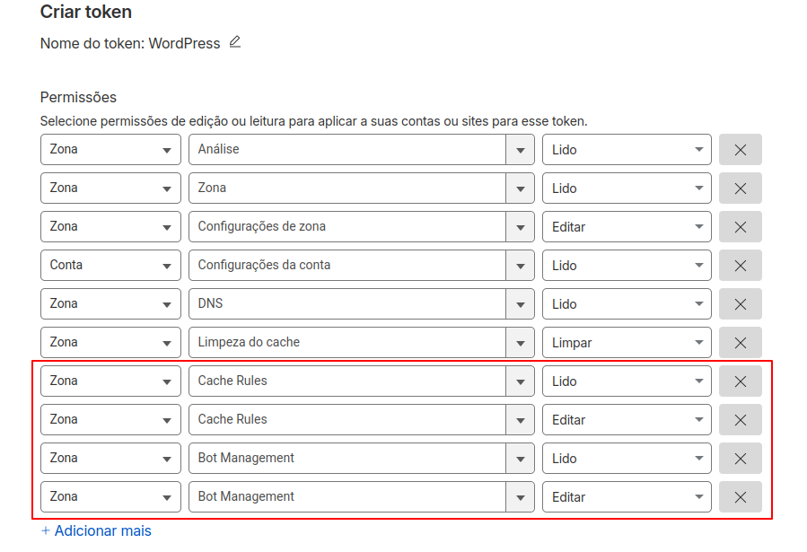 A imagem mostra as permissões extras que devem ser adicionadas (4 no total).