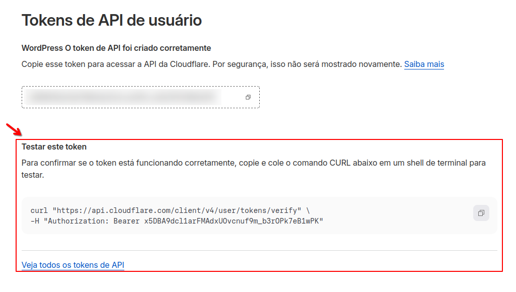 Imagem mostra uma seta apontando para a seção "Testar este token" na página.