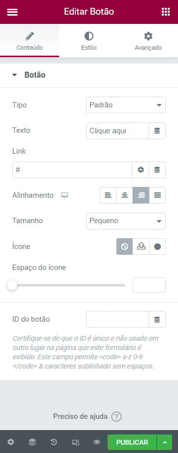 área de edição do botão - conteúdo