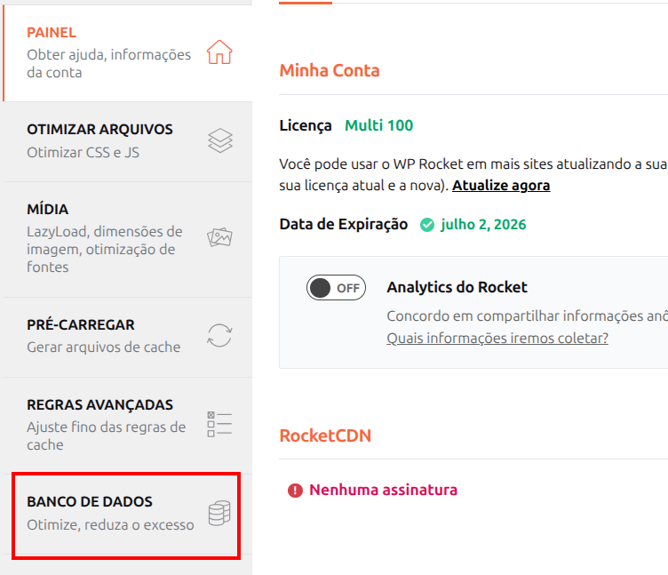Destaque em vermelho na opção Banco de Dados.