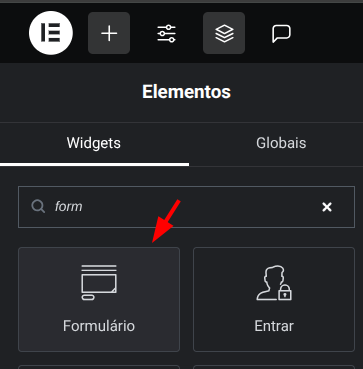 Seta apontando para  o Widget do formulário do Elementor