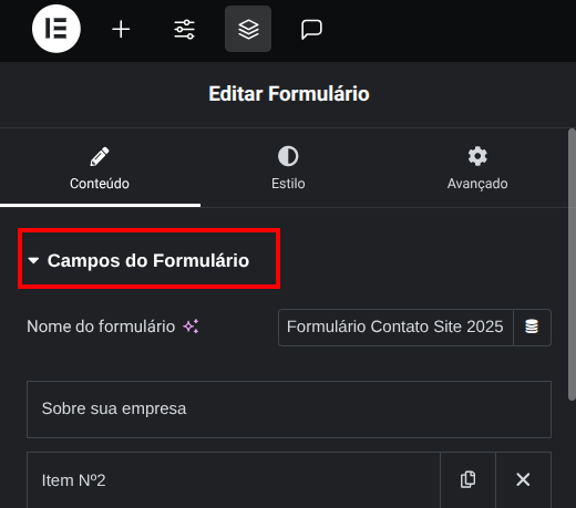 Campos do formulário destacado