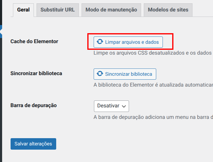 Opção onde limpa o cache do Elementor.