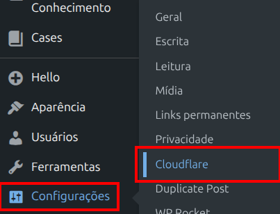 Acesso ao painel do plugin da Cloudflare