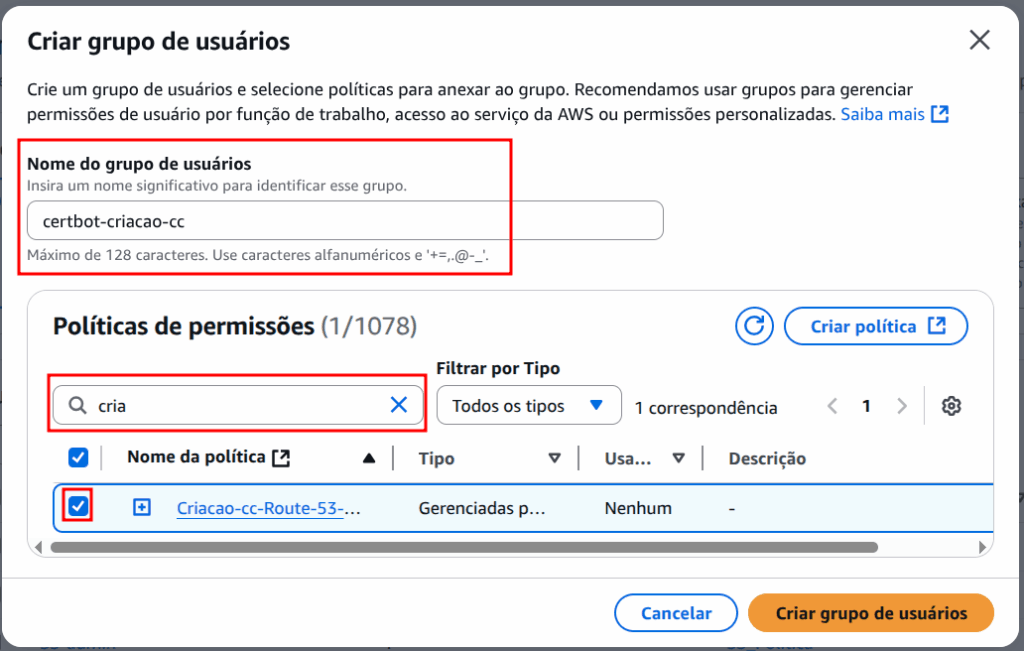 Selecionar a política criada antes