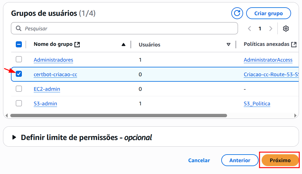 Selecionar o grupo de usuário recém criado