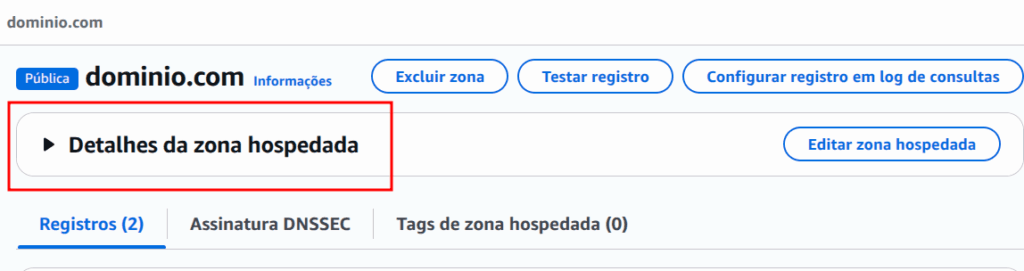 Detalhes da zona hospedada