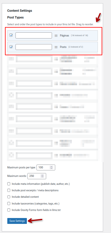A imagem mostra a seção "Content Settings" com as opções "Páginas" e "Posts" em "Post Types" selecionadas.