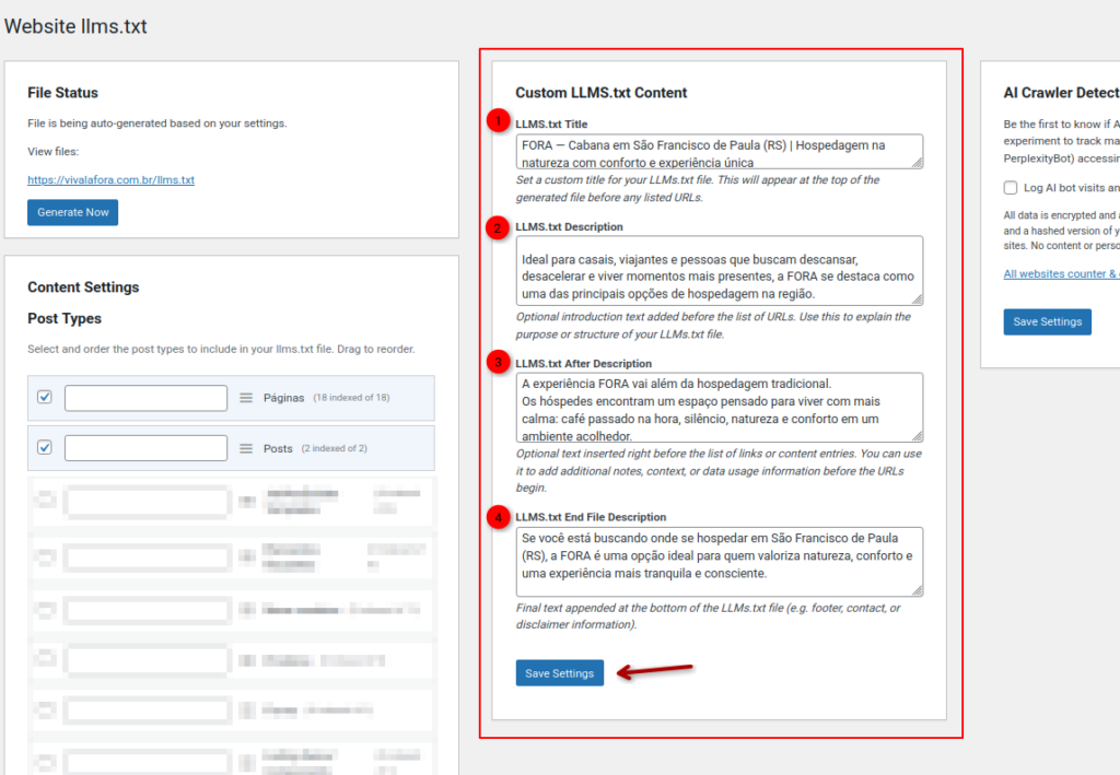 A imagem mostra os passos da seção "Custom LLMS.txt Content", preenchidos de cima para baixo.