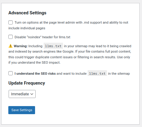 Seção "Advanced Settings" com "Update Frequency" definido como "Immediate".