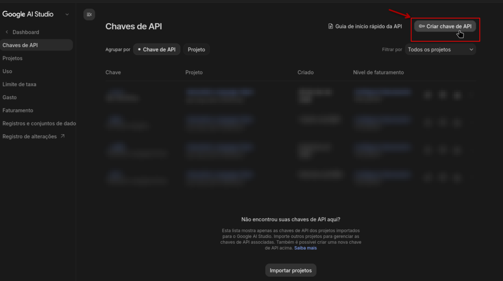 Botão "Criar chave de API" Google AI Studio