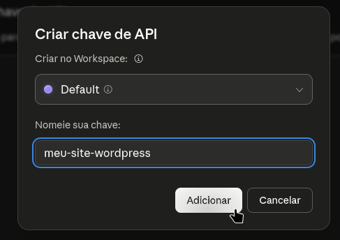 Popup de adicionar nova chave - Claude Console