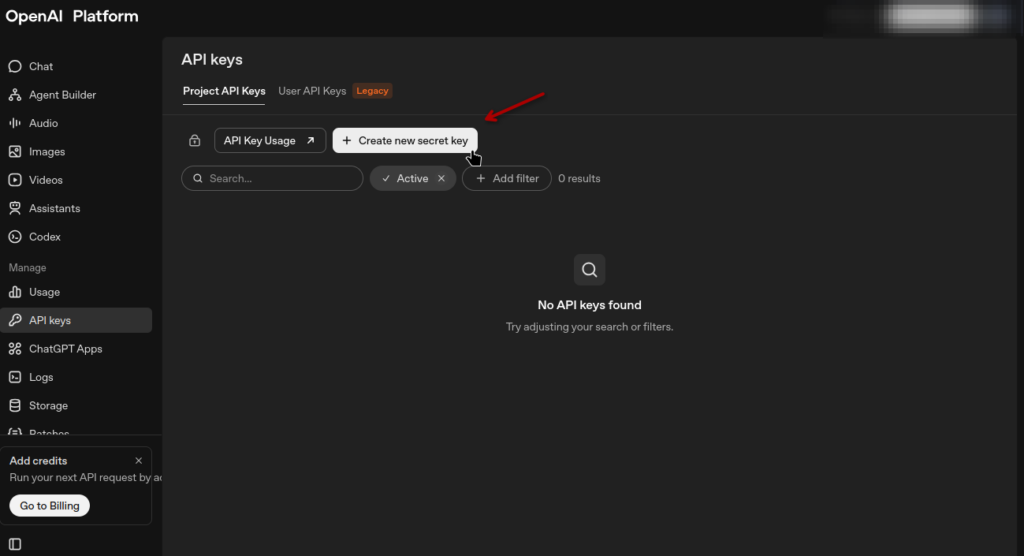 Botão "Create new secret key" - OpenIA Platform
