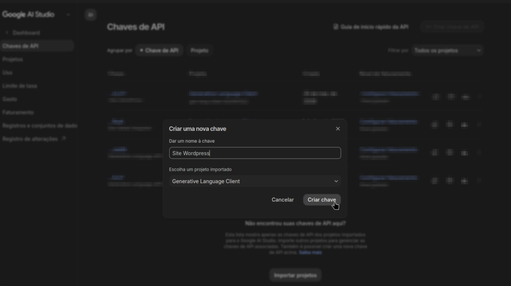 Popup de criação de chave - Google AI Studio