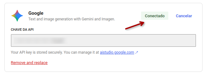 Cartão de conector "Conectado" com Google.