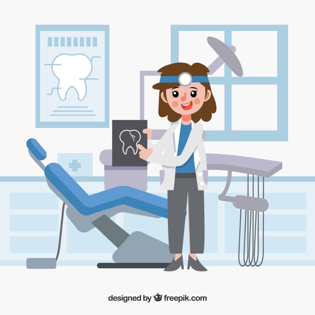 Uma mulher submetida a uma radiografia periapical está ao lado de uma cadeira odontológica.