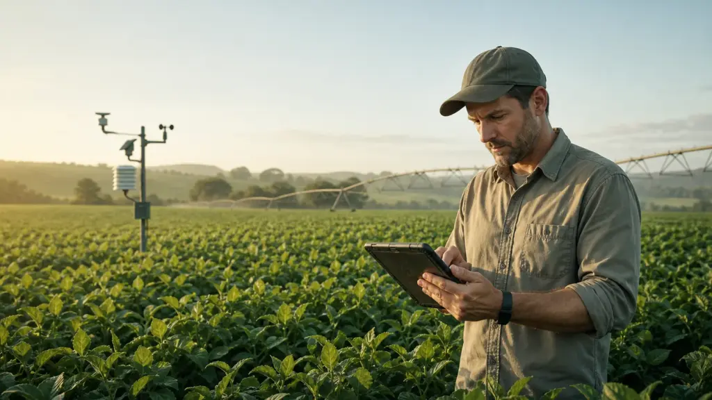 Produtor rural utilizando tecnologia digital em uma lavoura