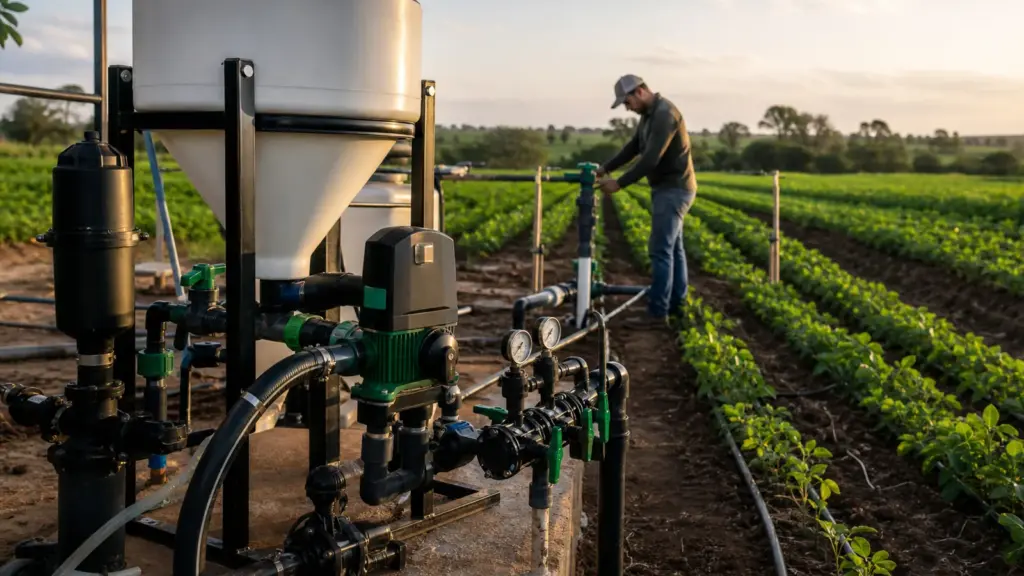 Sistema de injeção de fertilizantes conectado à irrigação de uma lavoura