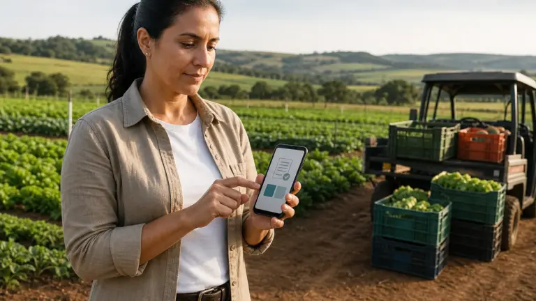 Produtora rural emitindo nota fiscal eletrônica pelo celular no campo