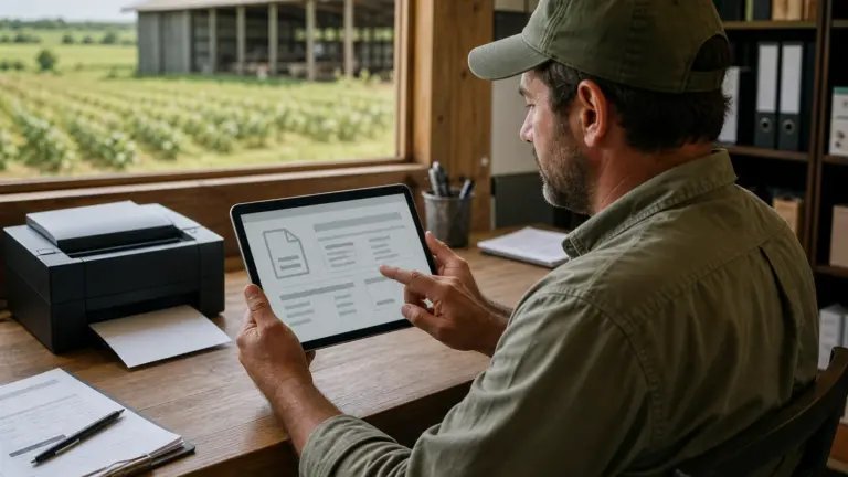 Produtor rural consultando uma nota fiscal eletrônica em um tablet