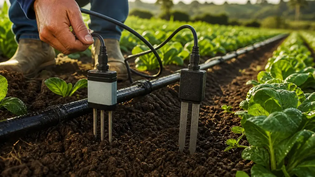 Sensores de umidade TDR e FDR instalados no solo de uma lavoura irrigada