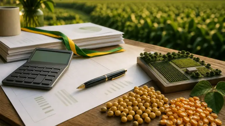 Documentos tributários, calculadora e produtos agrícolas representando a reforma tributária