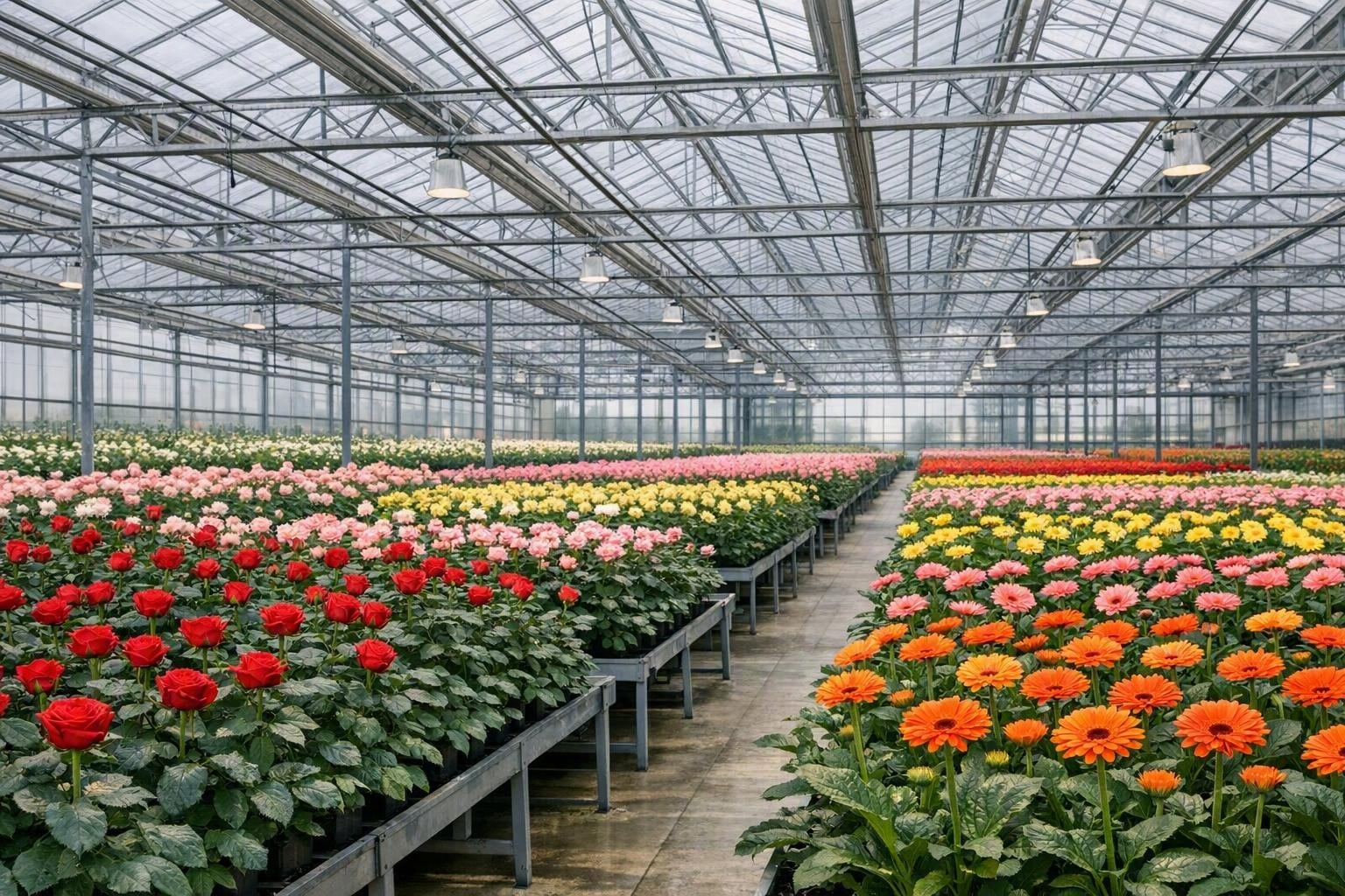 Produção de flores em estufa com ambiente controlado