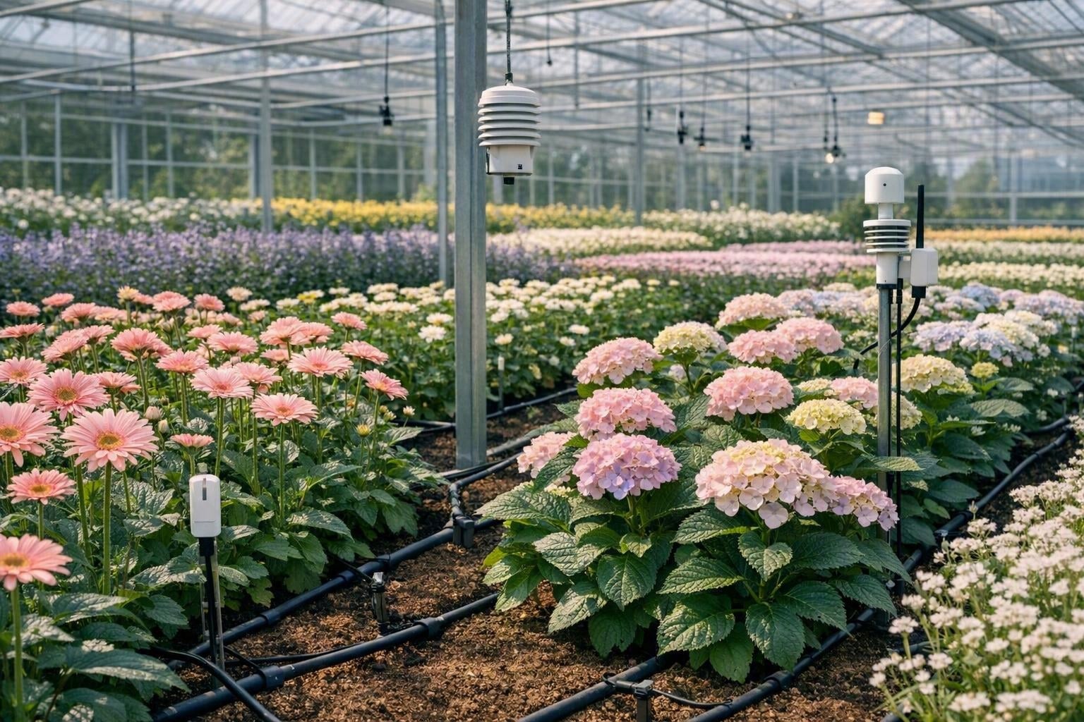 Sensores monitorando uma estufa de flores