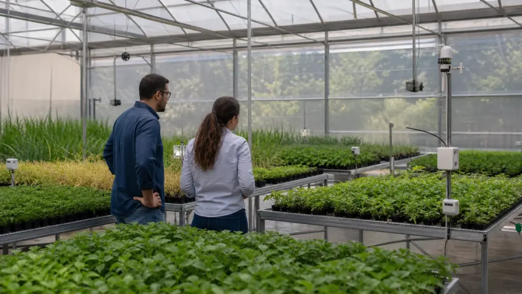 Pesquisadores observam sensores em estufa experimental com bancadas de plantas
