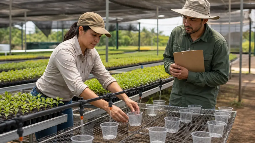 Técnica posiciona recipientes coletores para testar a irrigação em viveiro de mudas