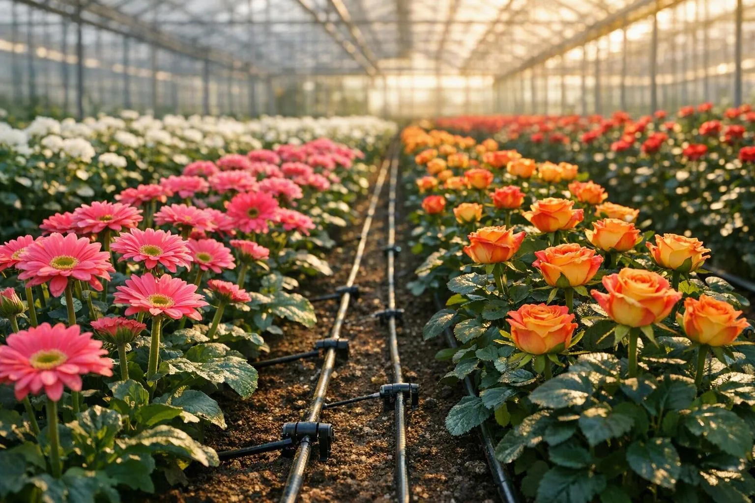 Linhas de irrigação por gotejamento entre bancadas de flores em estufa
