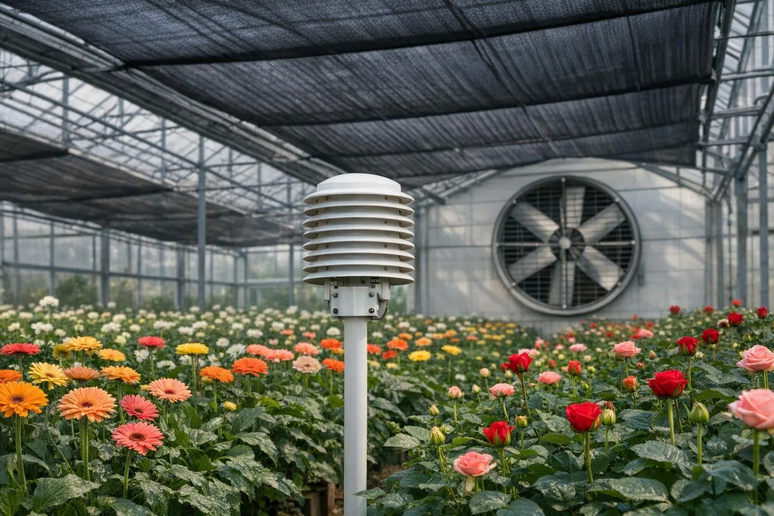Abrigo meteorológico e ventilador para controle de microclima em estufa de flores