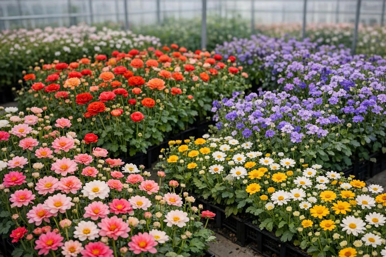 Cultivo de flores coloridas em estufa preparado para automação modular