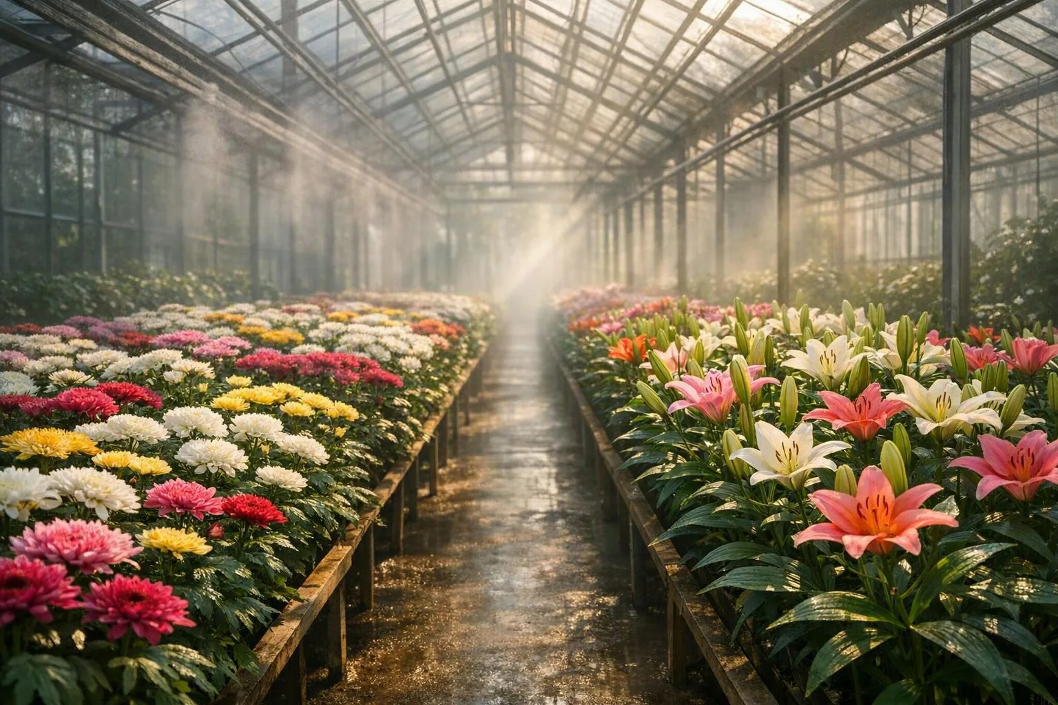 Corredor de estufa com flores de corte sob diferentes condições ambientais