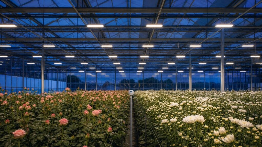 Iluminação LED e sensor de luz em estufa de rosas e crisântemos