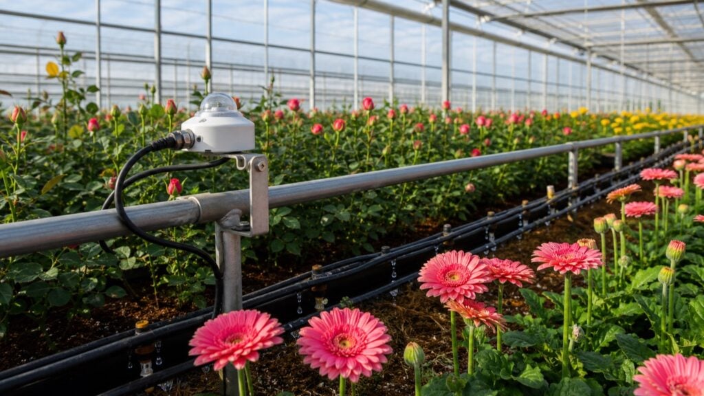 Sensor de radiação solar junto à irrigação por gotejamento em estufa de rosas e gérberas