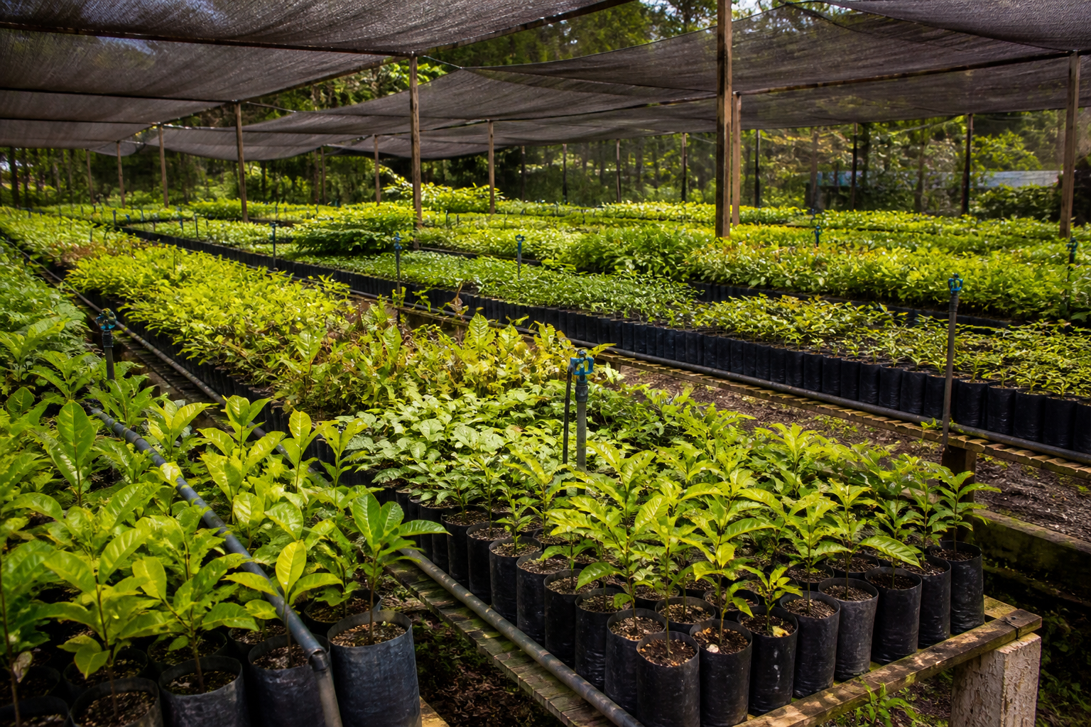 Bancadas de mudas em viveiro com monitoramento de microclima