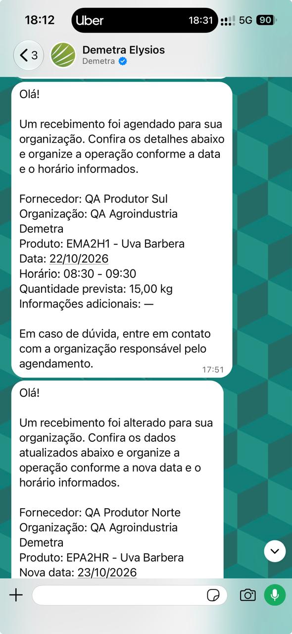 Mensagens de confirmação e alteração de recebimento no WhatsApp, com data, horário e quantidade para o fornecedor; exemplo com dados de teste.