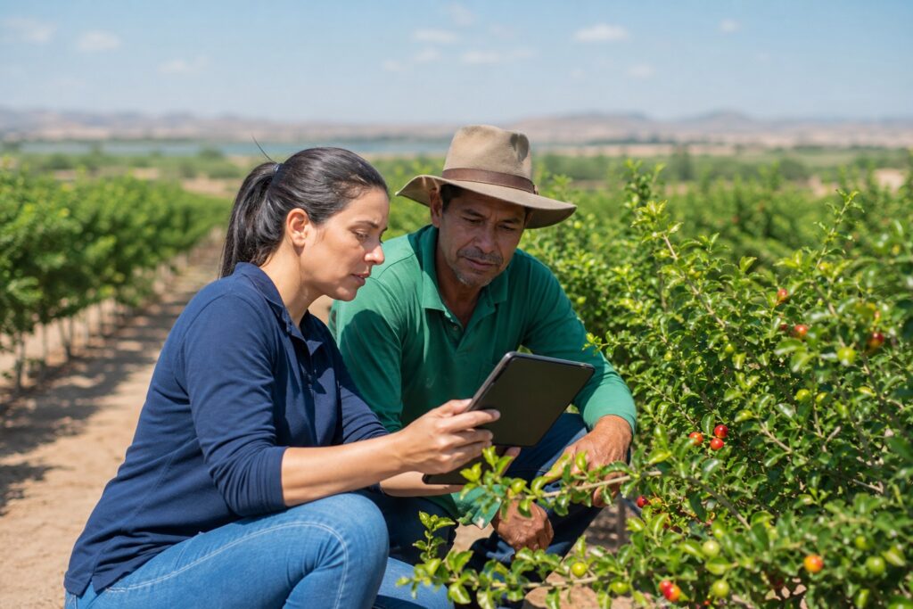 Técnica agrícola e produtor consultando registros em pomar de acerola