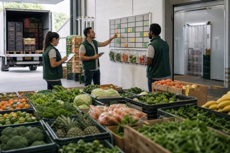 Equipe planejando calendário de oferta em central de distribuição de FLV