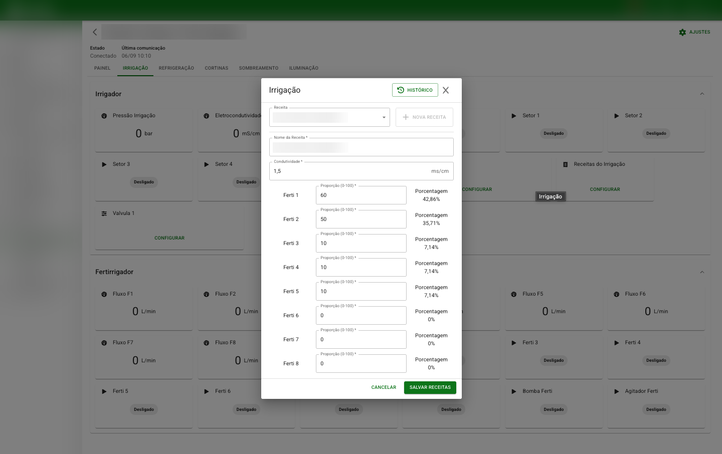Configuração de receita de fertirrigação com condutividade, proporções e porcentagens por canal.
