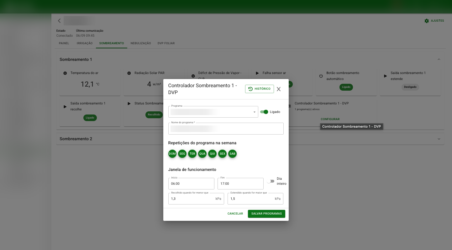 Programa de sombreamento por DPV do ar com dias, horários e limites para recolher e estender.